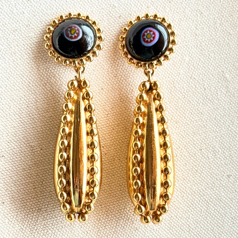 Vintage Rose Benedetti Oversized Gold Tone Millefiori Dangle Clip On Earrings 3”